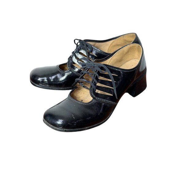 1960s womens chunky Mary Jane shoes black patent leather Size 8 - Picture 2 of 7